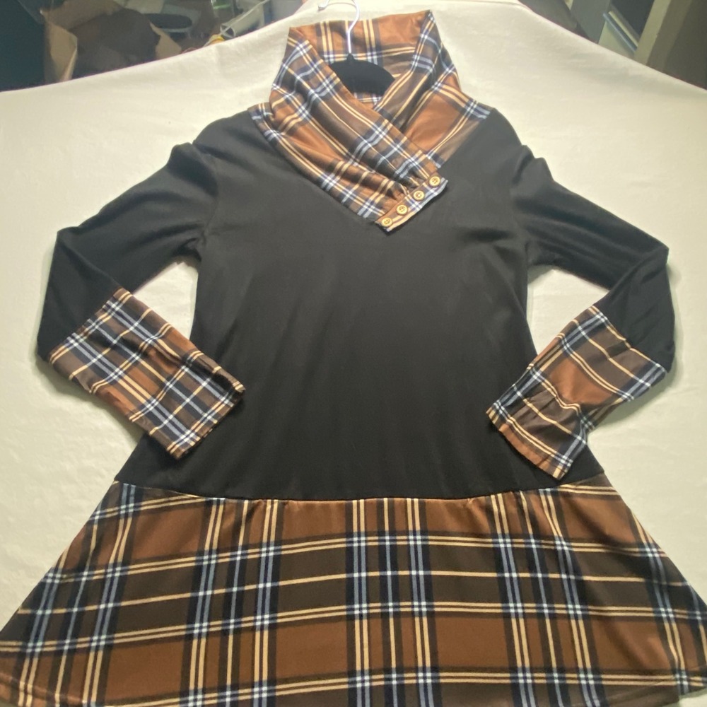 Miusey Womens 2XL Plaid Cowl Neck Button Tunic Top Long Sleeve Black Brown NEW